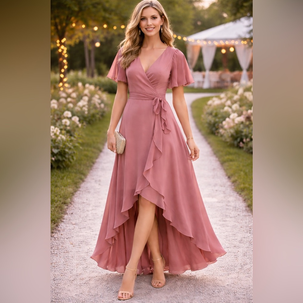 David's Bridal Mauve Wrap High-Low Ruffle Maxi Dress ptp 19” - Picture 1 of 9